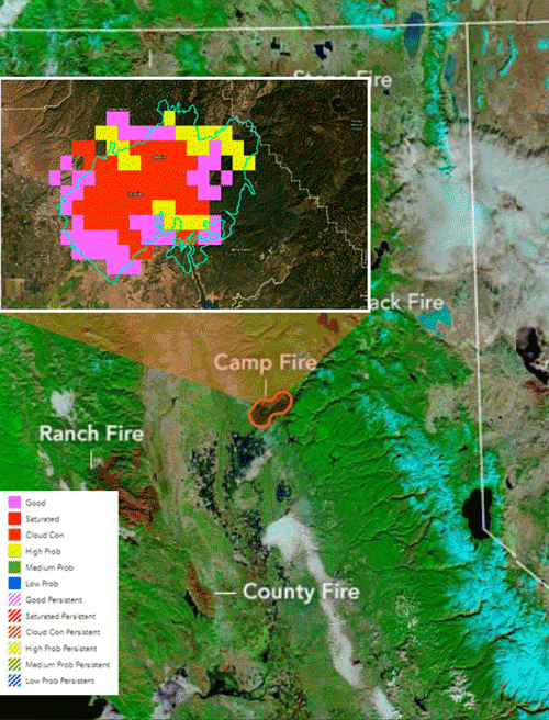 NASA Terra Satellite California Camp Wildfire November 25, 2018 Legend