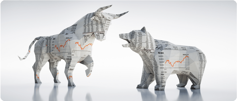 Paper stock market bull and bear statues