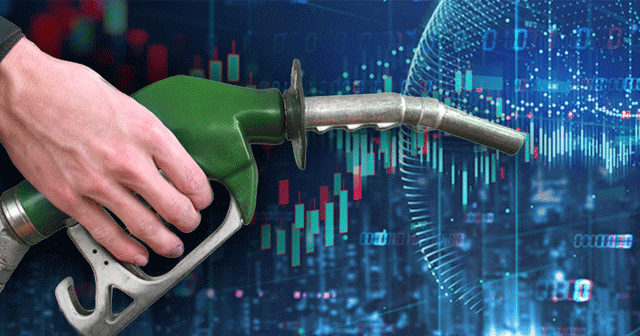 Blog header hand on fuel pump with market data background