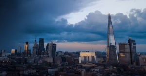 Aerial view of London with storm clouds