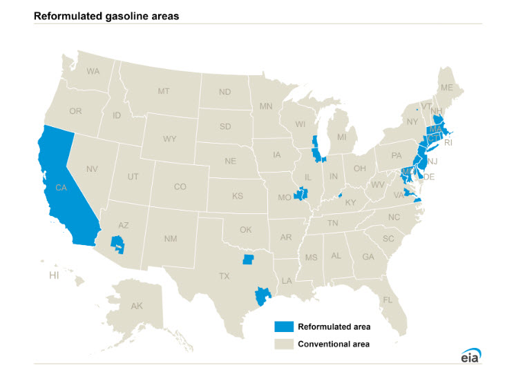 Map of reformulated gasoline areas