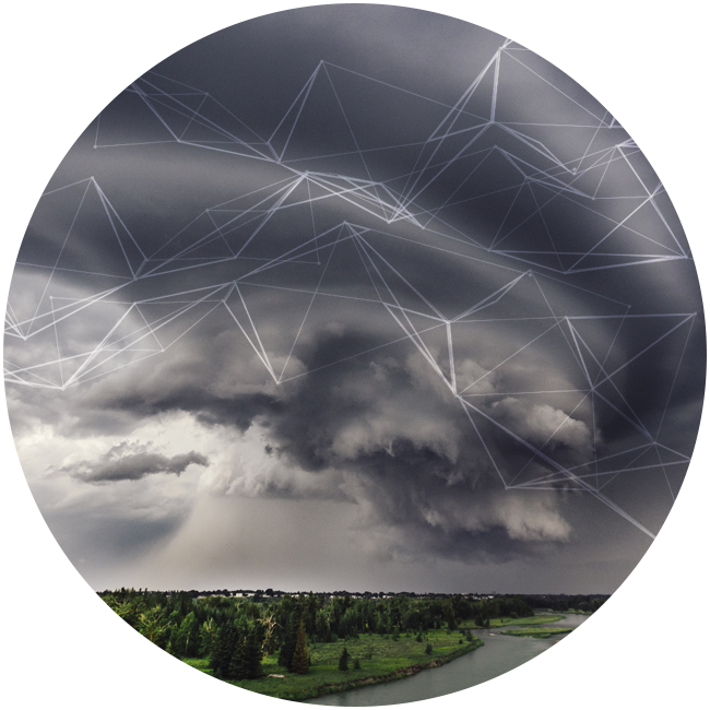 storm clouds over river and forest with white angular lines